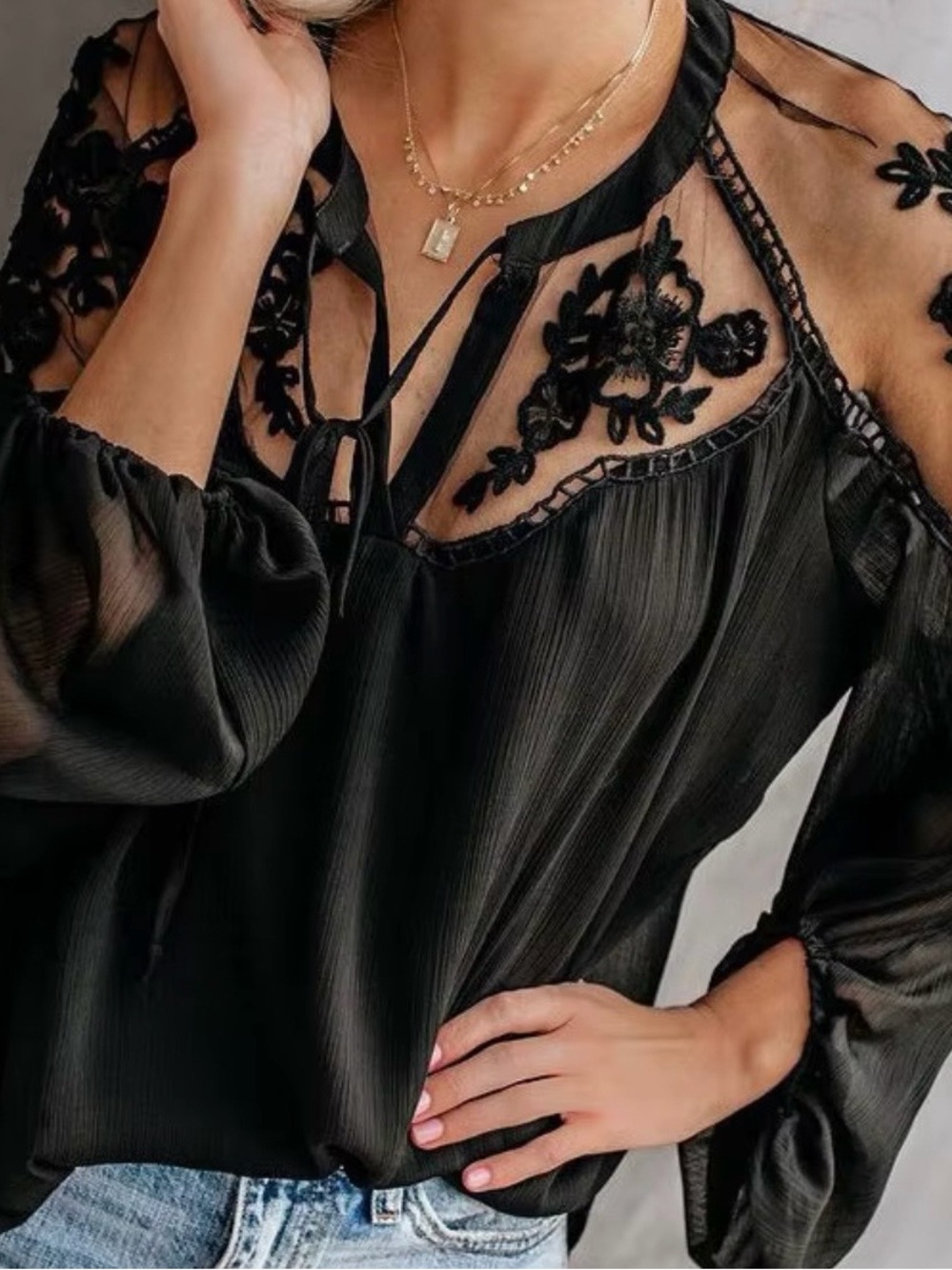 Embroidered Mesh Top Blouse